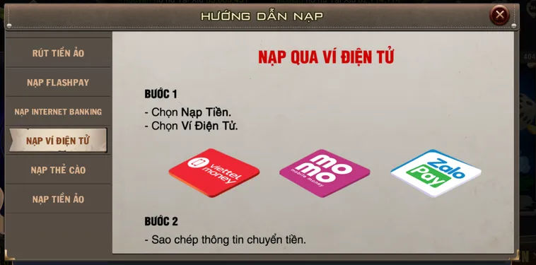 Hướng dẫn nạp tiền bằng ví điện tử tại B52.
