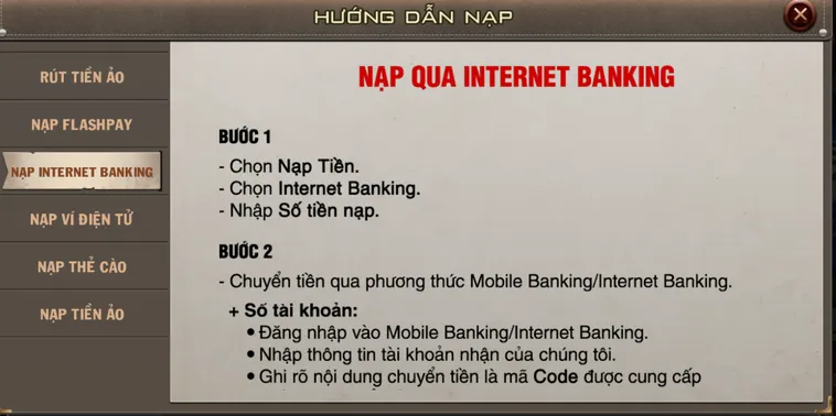 Hướng dẫn nạp tiền qua ngân hàng nội địa nhanh chóng an toàn tiện lợi tại B52.